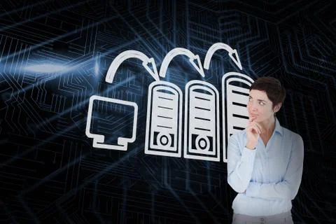 Composite image of computer connection and thinking businesswoman Stock Illustration
