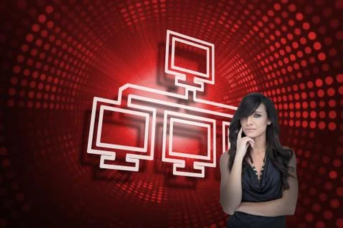 Composite image of computer connection and sexy brunette Illustrazione stock