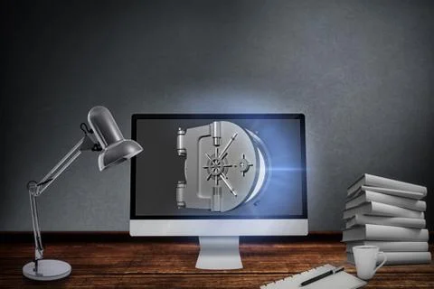 Composite image of computer by cup and stacked book Stock Illustration