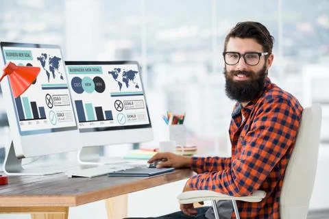 Composite image of computer generated image of business presentation with charts Foto stock