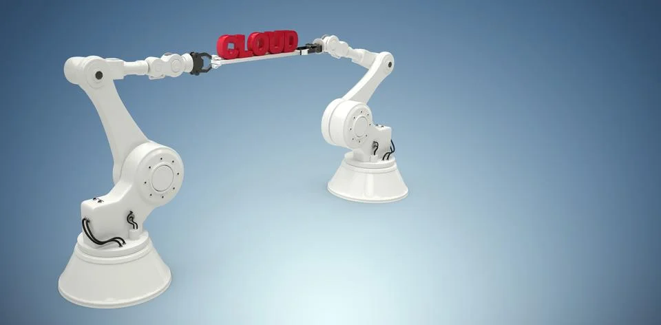 Composite image of computer generated image of robotic hands holding cloud text Foto stock