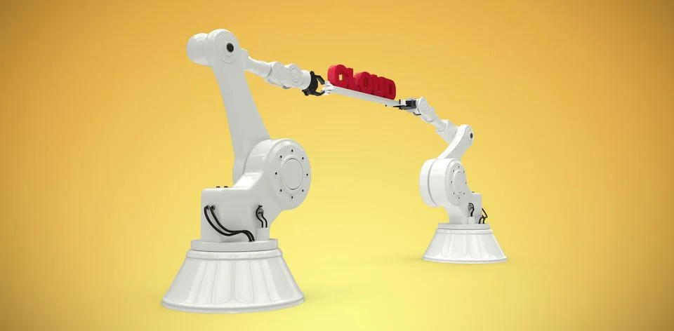 Composite image of computer generated image of mechanical robotic hands holding Foto stock