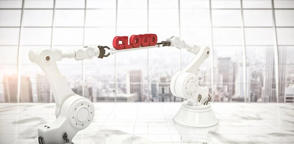 Composite image of computer generated image of robotic hands holding cloud text Foto stock