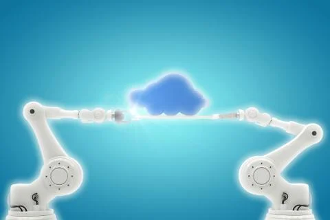 Composite image of computer generated image of robotic hands holding blue cloud Foto stock