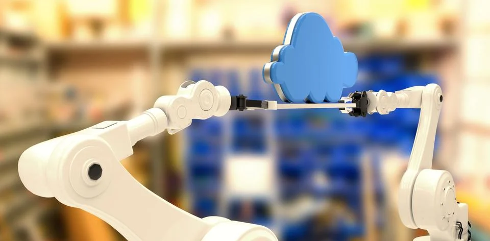 Composite image of computer generated image of robotic hands holding cloud Stock Photos