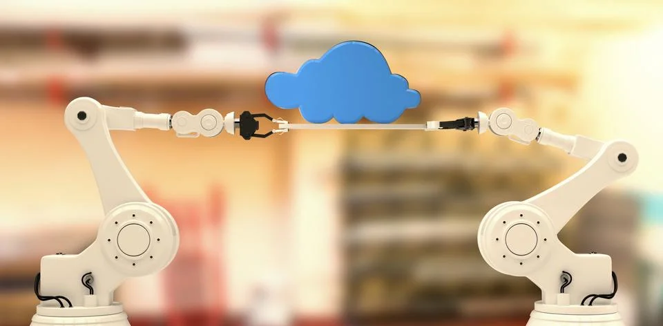 Composite image of computer generated image of robotic hands holding blue cloud Stock Photos