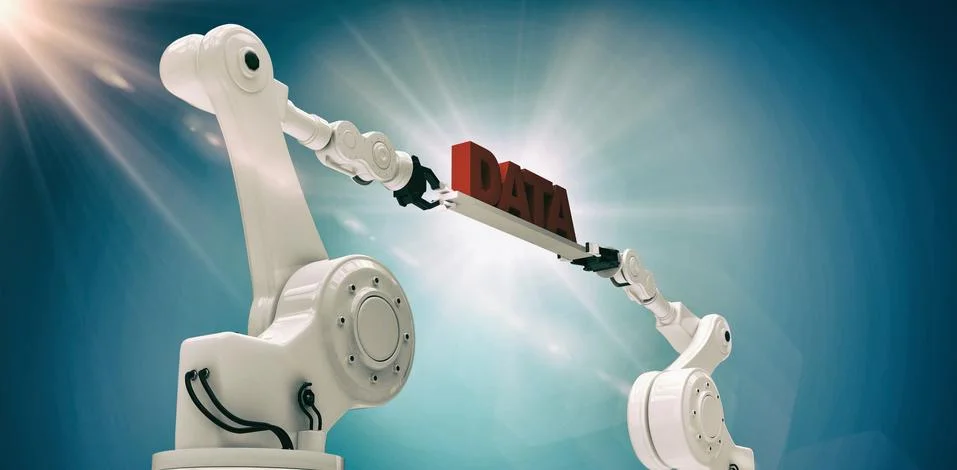 Composite image of computer generated image of metallic robotic hands Stock Photos