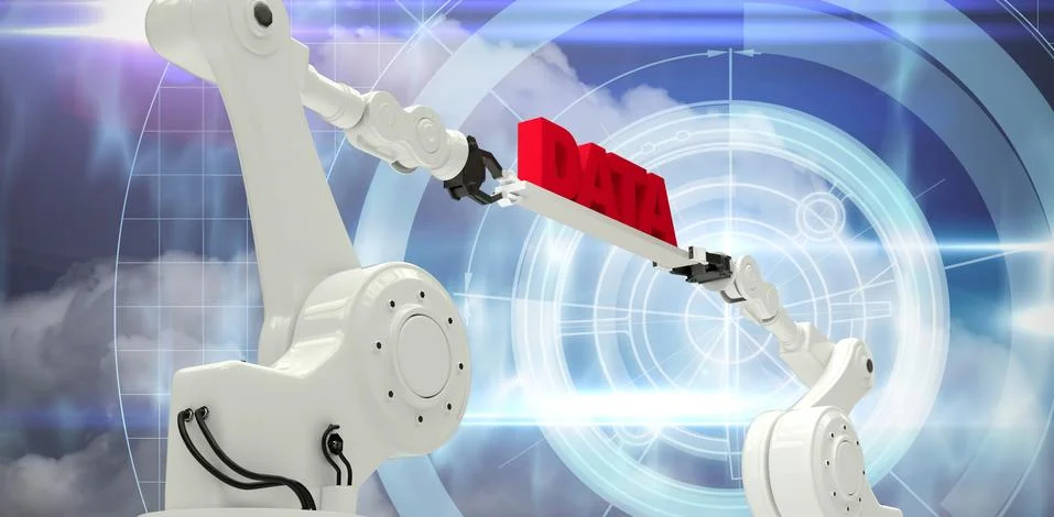 Composite image of computer generated image of metallic robotic hands Foto stock