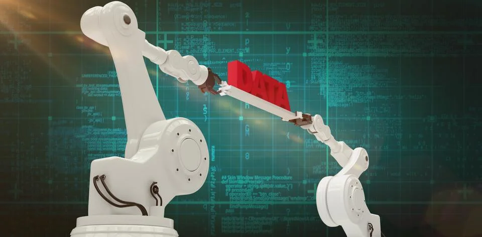 Composite image of computer generated image of metallic robotic hands Foto stock