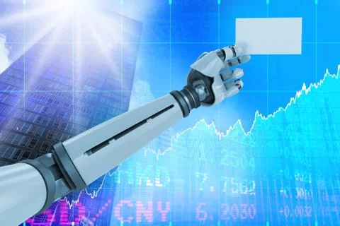 Composite image of computer graphic image of white robotic arm holding placard Ilustración de archivo