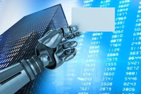Composite image of computer graphic image of robotic arm holding placard 3d Ilustración de archivo