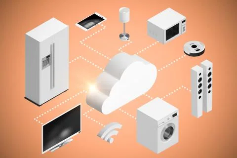 Composite image of computer graphic image of cloud and home appliances icon 3d Stock Illustration