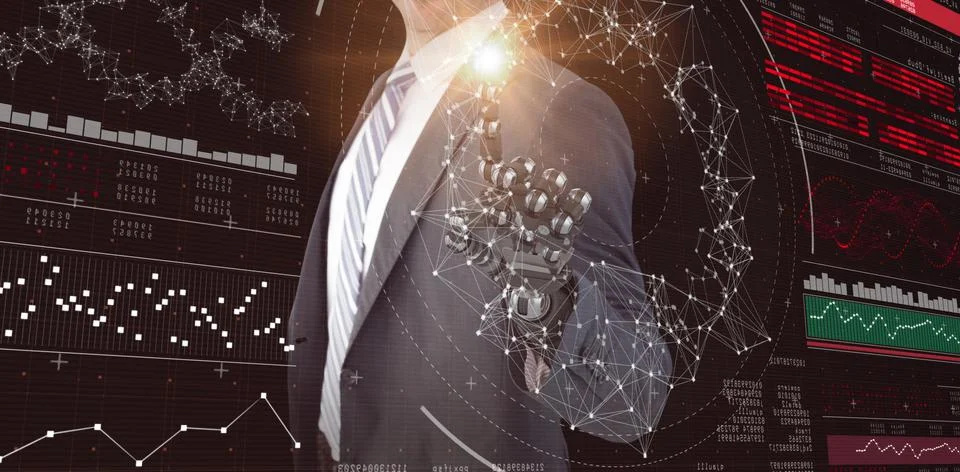 Composite image of computer graphic image of businessman with robotic hand 3d Foto stock