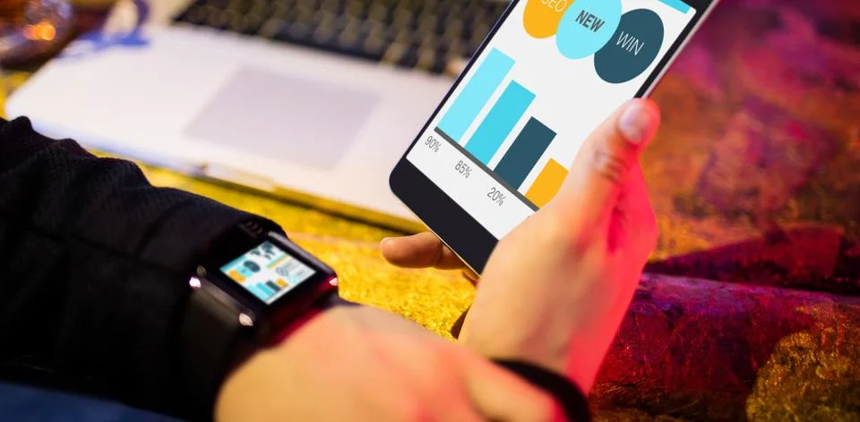 Composite image of computer graphic image of business presentation with charts Stock Photos