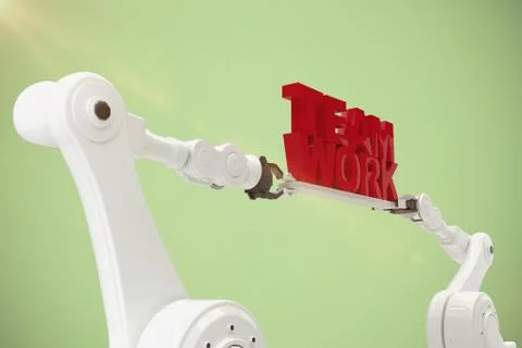 Composite image of computer graphic image of robotic hand holding team work text Stock Photos