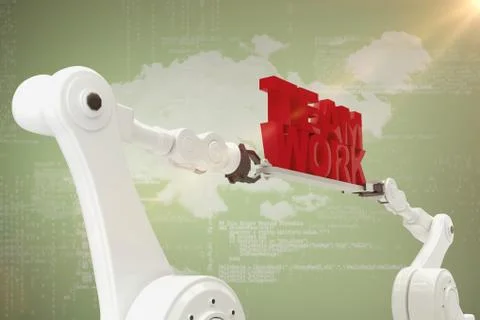 Composite image of computer graphic image of robotic hand holding team work text Stock-Fotos