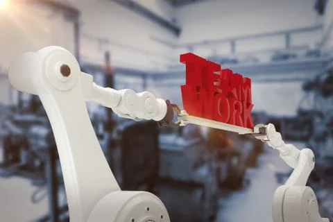Composite image of computer graphic image of robotic hand holding team work text Stock Photos