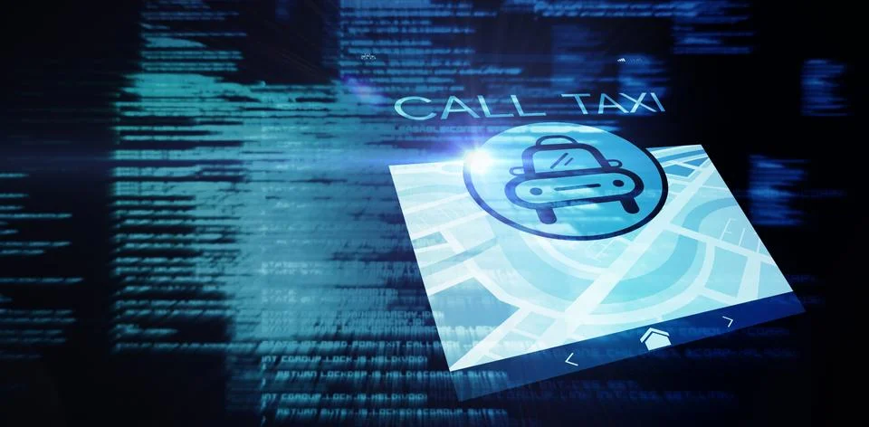 Composite image of computer icon of taxi with text on map Stock Illustration