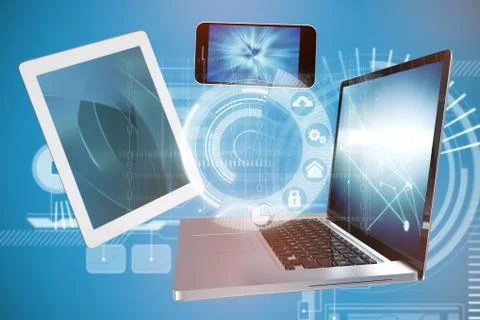 Composite image of computer icons illustration over blue background Stock Photos