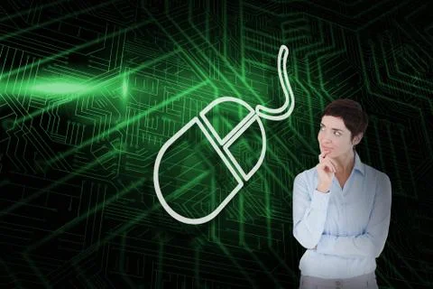 Composite image of computer mouse and thinking businesswoman Stock Illustration