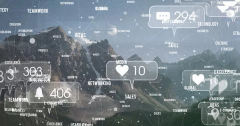 Composite image of computer network and connections with mountain range in Stock Illustration