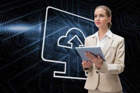 Composite image of computer screen and businesswoman using tablet Stock Illustration