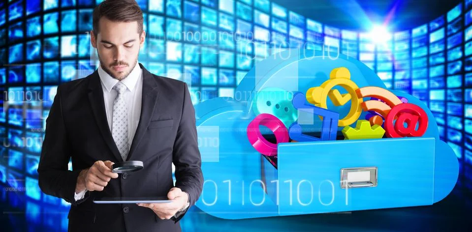 Composite image of concentrated businessman using magnifying glass Stock Illustration