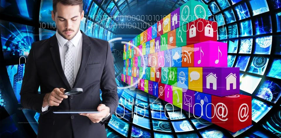 Composite image of concentrated businessman using magnifying glass Stock Illustration