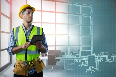 Composite image of concentrated construction worker with tablet Stockfoto's