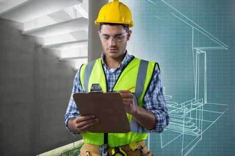 Composite image of concentrated construction worker Stockfoto's
