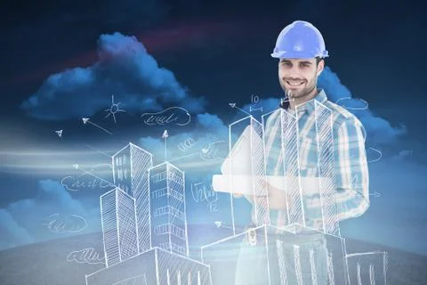 Composite image of confident architect holding bluprint and clipboard Stock Illustration