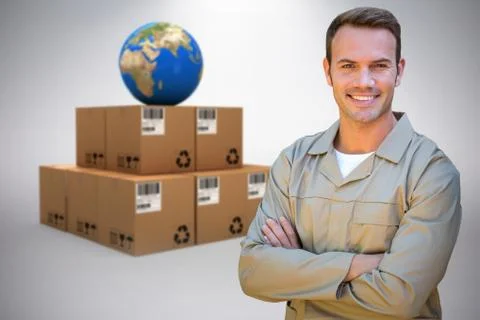 Composite image of confident delivery man standing with arms crossed Stock Photos
