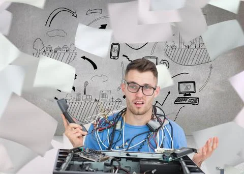 Composite image of confused it professional with cables and phone in front of Illustrazione stock
