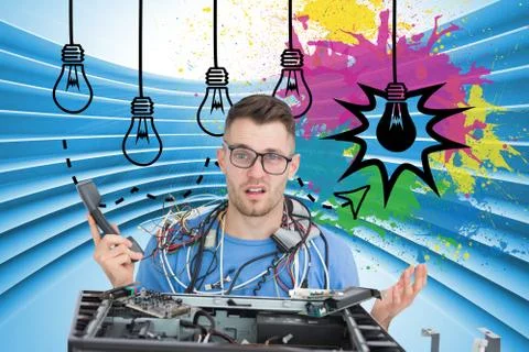 Composite image of confused it professional with cables and phone in front of Stock Illustration