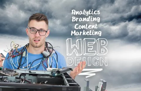Composite image of confused it professional with cables and phone in front of Stock Illustration