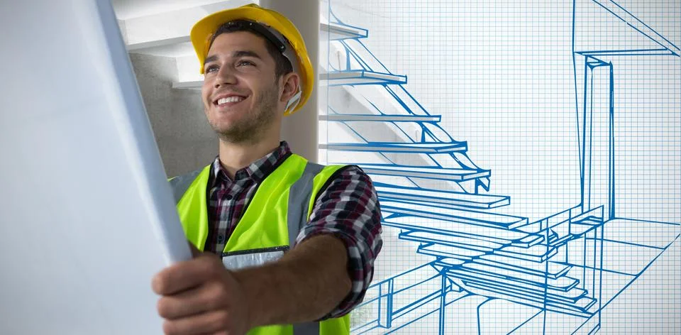 Composite image of construction worker looking at plans Foto stock