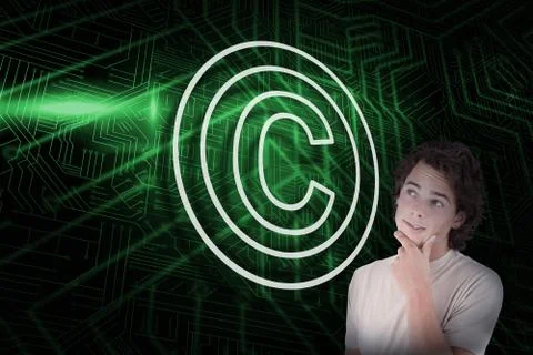 Composite image of copyright symbol and thinking casual man Stock Illustration