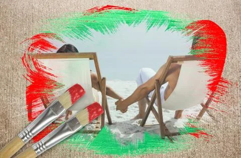 Composite image of couple on the beach in deck chairs Illustrazione stock