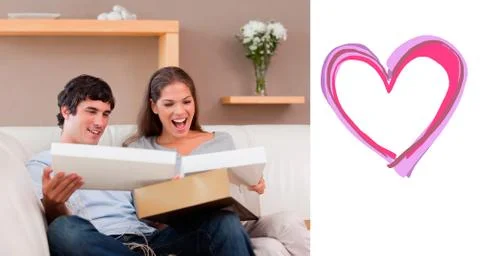 Composite image of couple on the couch opening parcel Stock Illustration