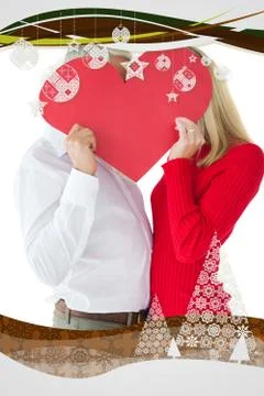 Composite image of couple embracing and holding heart over faces Ilustração Stock