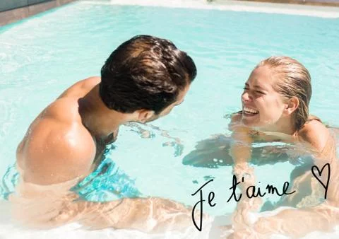 Composite image of couple enjoying in pool and black text Stock Photos