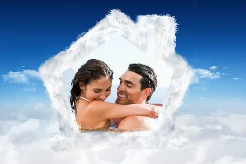 Composite image of couple hugging in the pool Stock Illustration