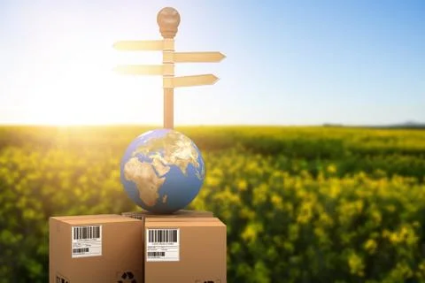 Composite image of courier and globe by road sign Stock Photos
