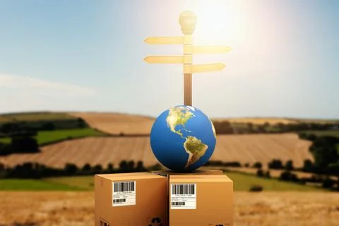 Composite image of courier with globe by road sign Stock Photos