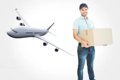 Composite image of courier man carrying cardboard box Illustrazione stock