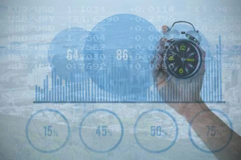 Composite image of cropped hand of man holding alarm clock Ilustración de archivo
