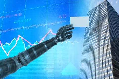 Composite image of cropped image of digital robotic arm holding blank 3d Ilustración de archivo