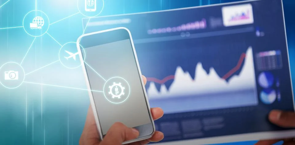 Composite image of cropped image of hand holding mobile phone and graph 写真素材