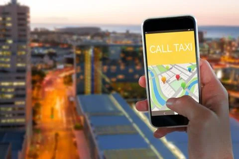 Composite image of cropped image of hand holding smart phone Stock Photos