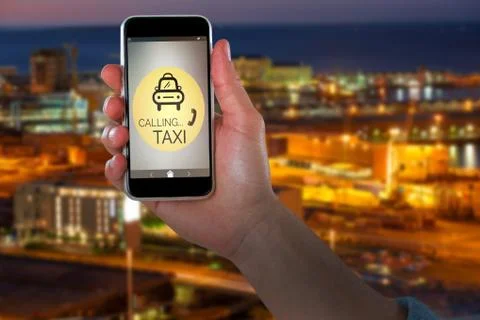 Composite image of cropped image of hand holding smart phone Stock Photos